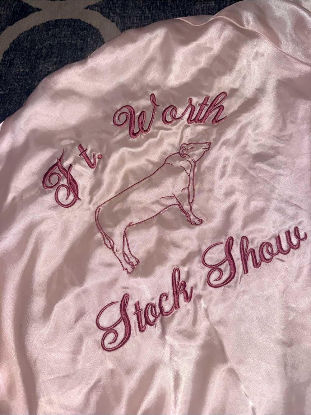 Vintage Fort Worth Pink Satin Embroidered Bomber Jacket small